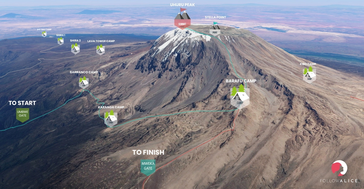 Загрузка картинки - Килиманджаро, карта с маршрутами