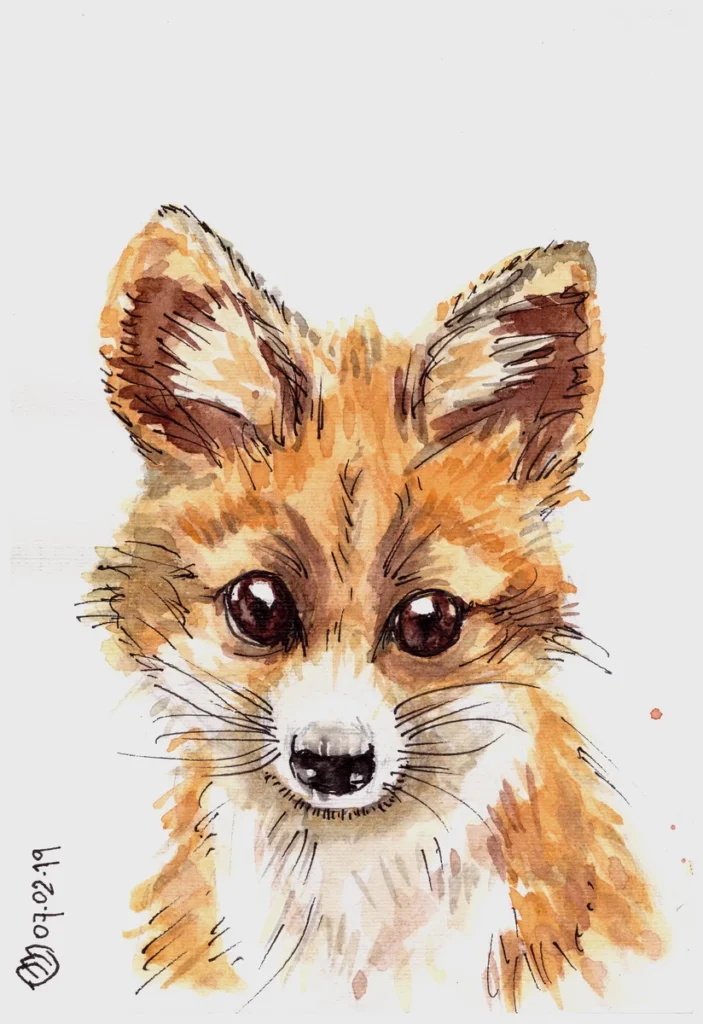 Урок "Лисёнок" 02 (2019, вводный курс), акварель, линер