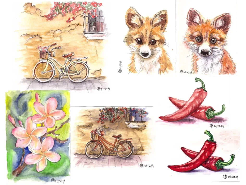 Участие в первом акварельном курсе (2019), акварель, линер