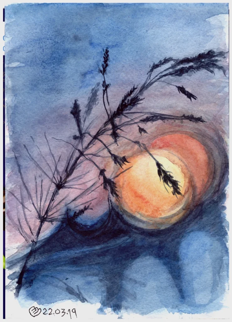 "Закат" (2019), акварель, линер)