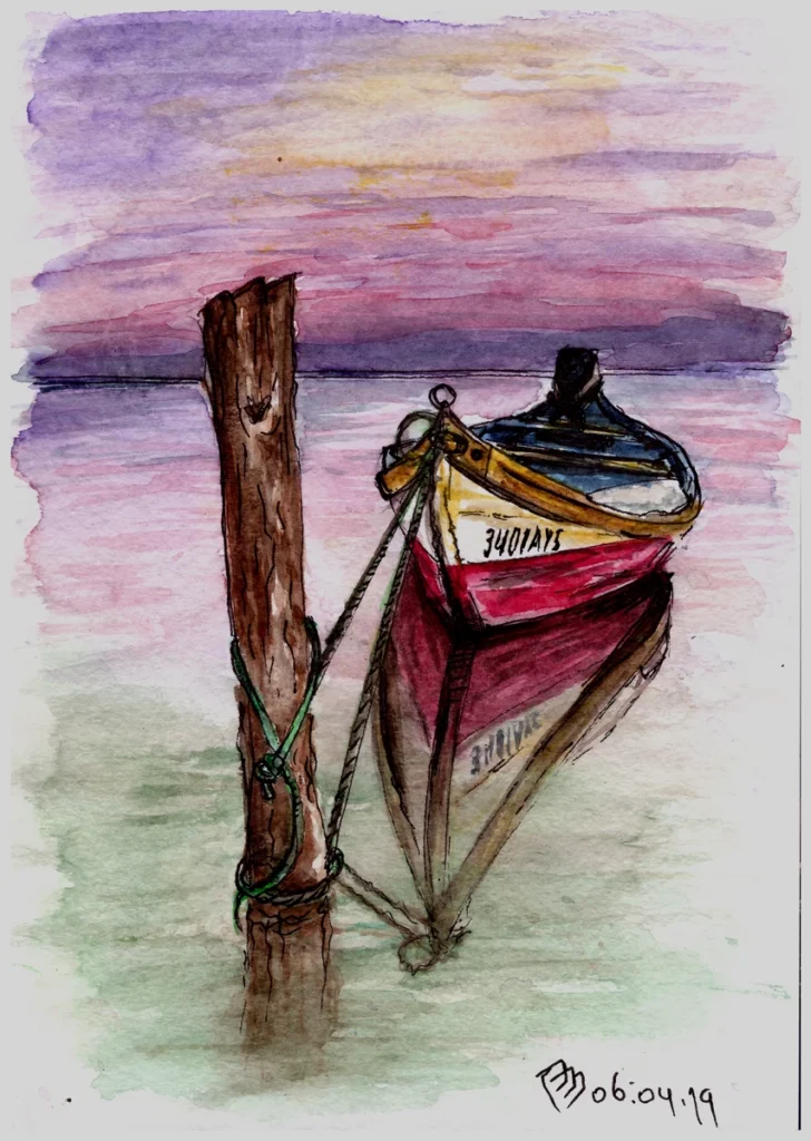 Урок "Лодка" (2019, вводный курс), акварель, линер