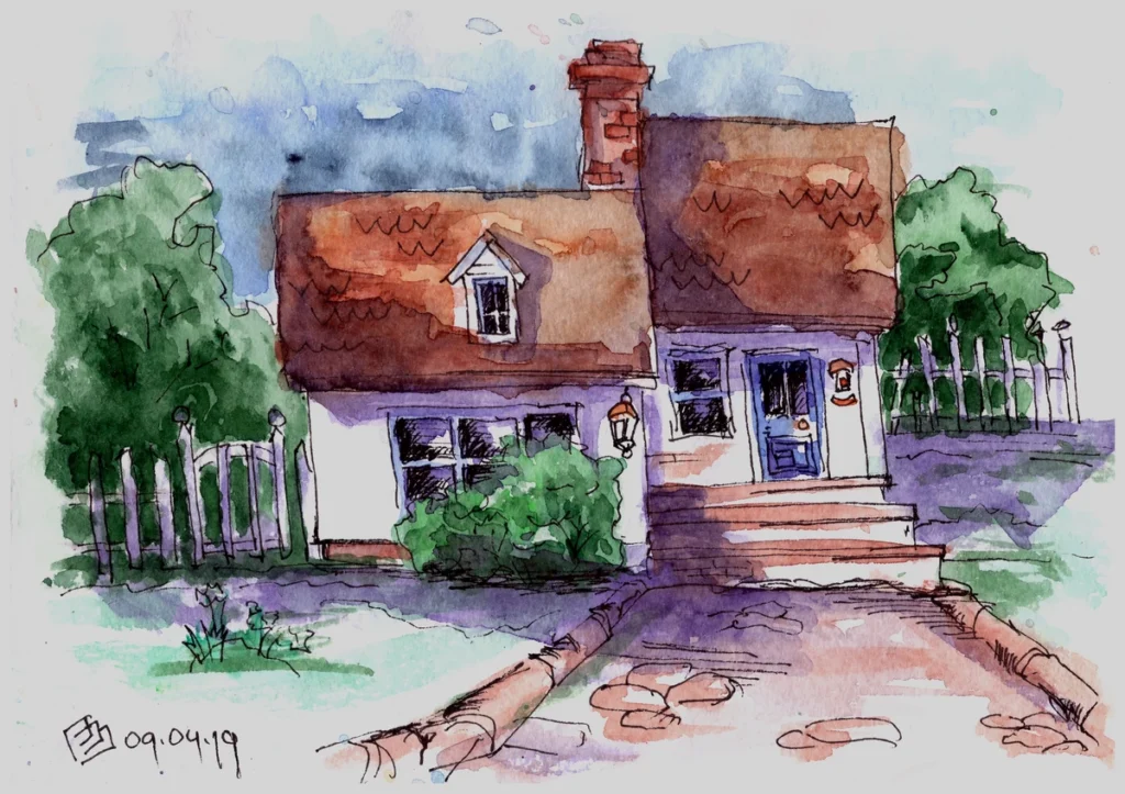 Урок 01 (2019, курс "Архитектурный скетчинг"), акварель, линер