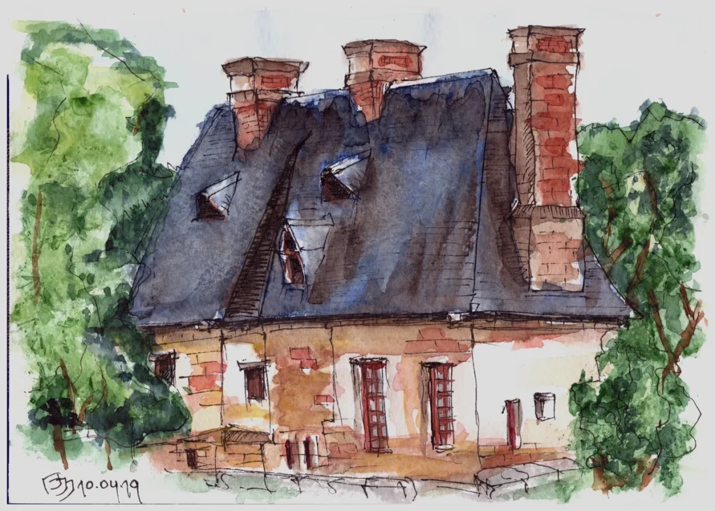 Урок 03 (2019, курс "Архитектурный скетчинг"), акварель, линер