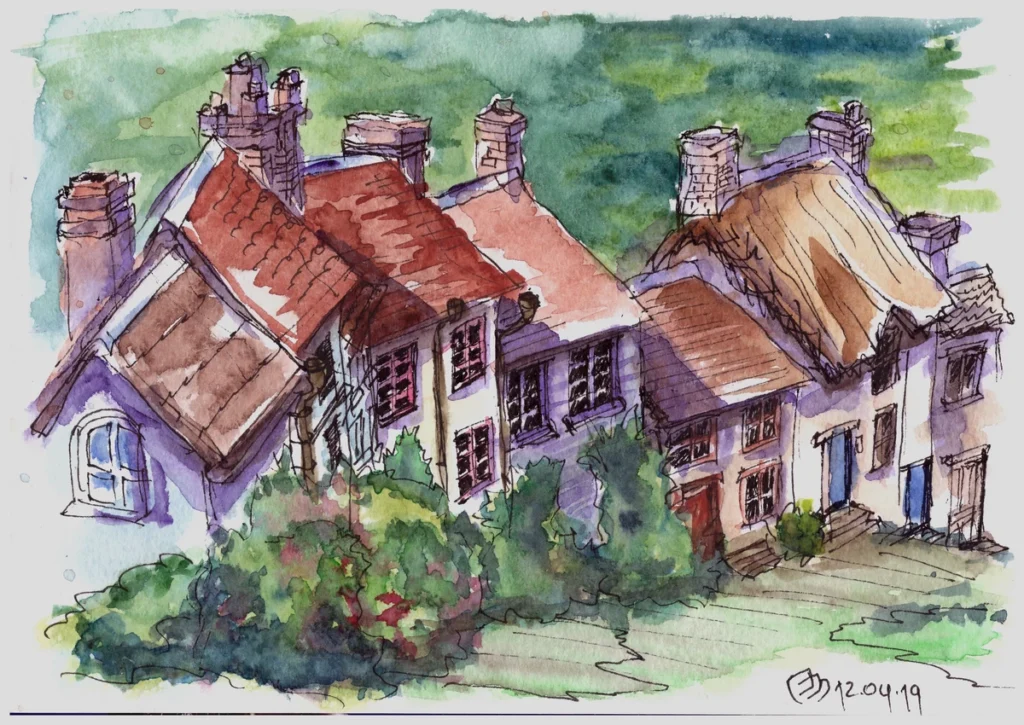 Урок 04 (2019, курс "Архитектурный скетчинг"), акварель, линер