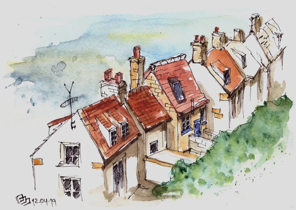 Урок 04 (2019, курс "Архитектурный скетчинг"), акварель, линер