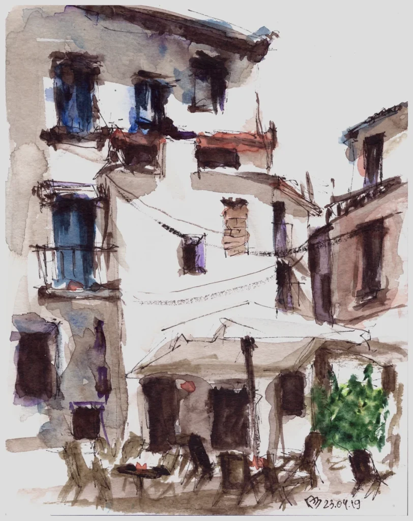 Урок 04 "Эмоции" (2019, курс "Живое пятно"), акварель, линер