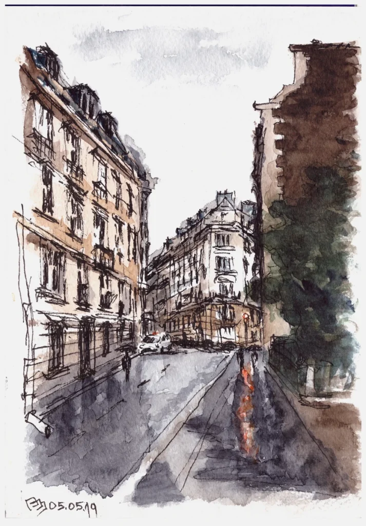 Урок 09 "Выпускной" (2019, курс "Живое пятно"), акварель, линер