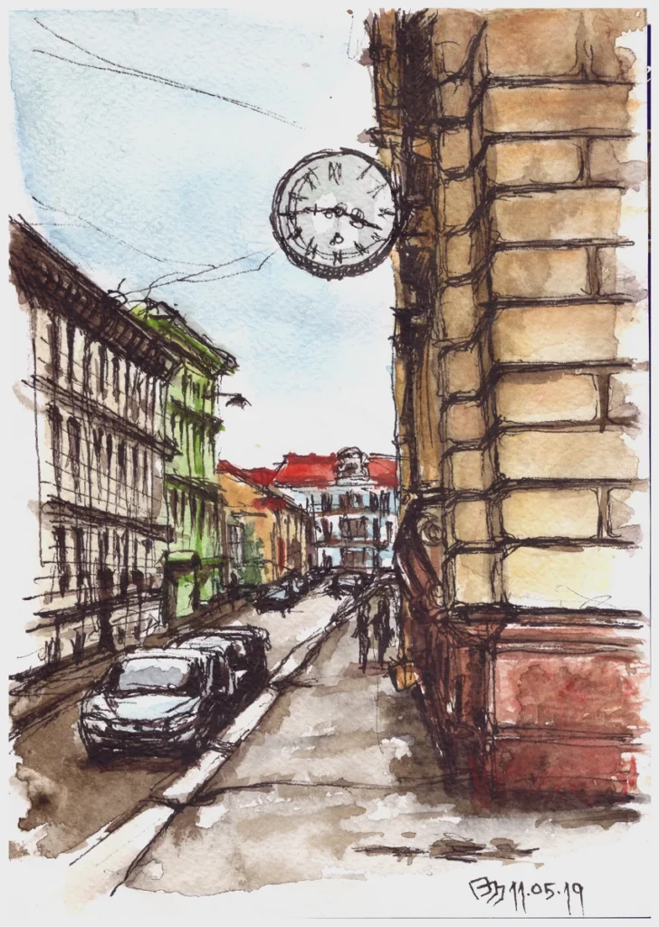 Урок 09 "Выпускной" (2019, курс "Живое пятно"), акварель, линер