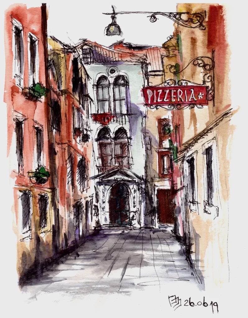 Урок "Италия" (2019, курс "Акварельное путешествие"), акварель, линер