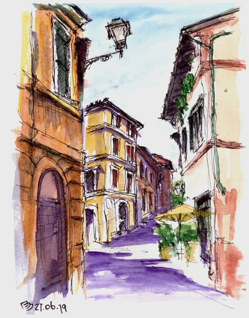 Урок "Италия" (2019, курс "Акварельное путешествие"), акварель, линер