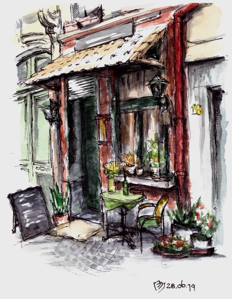 Урок "Кафе" (2019, курс "Акварельное путешествие"), акварель, линер