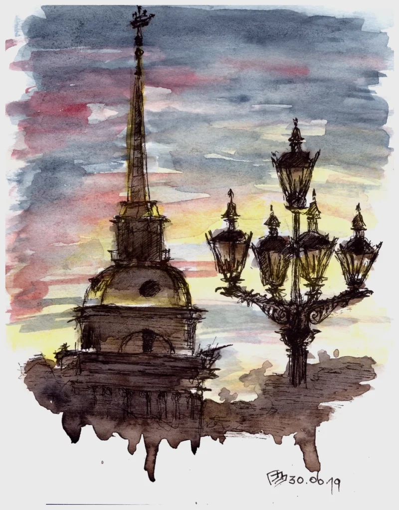 Урок "Закат" (2019, курс "Акварельное путешествие"), акварель, линер